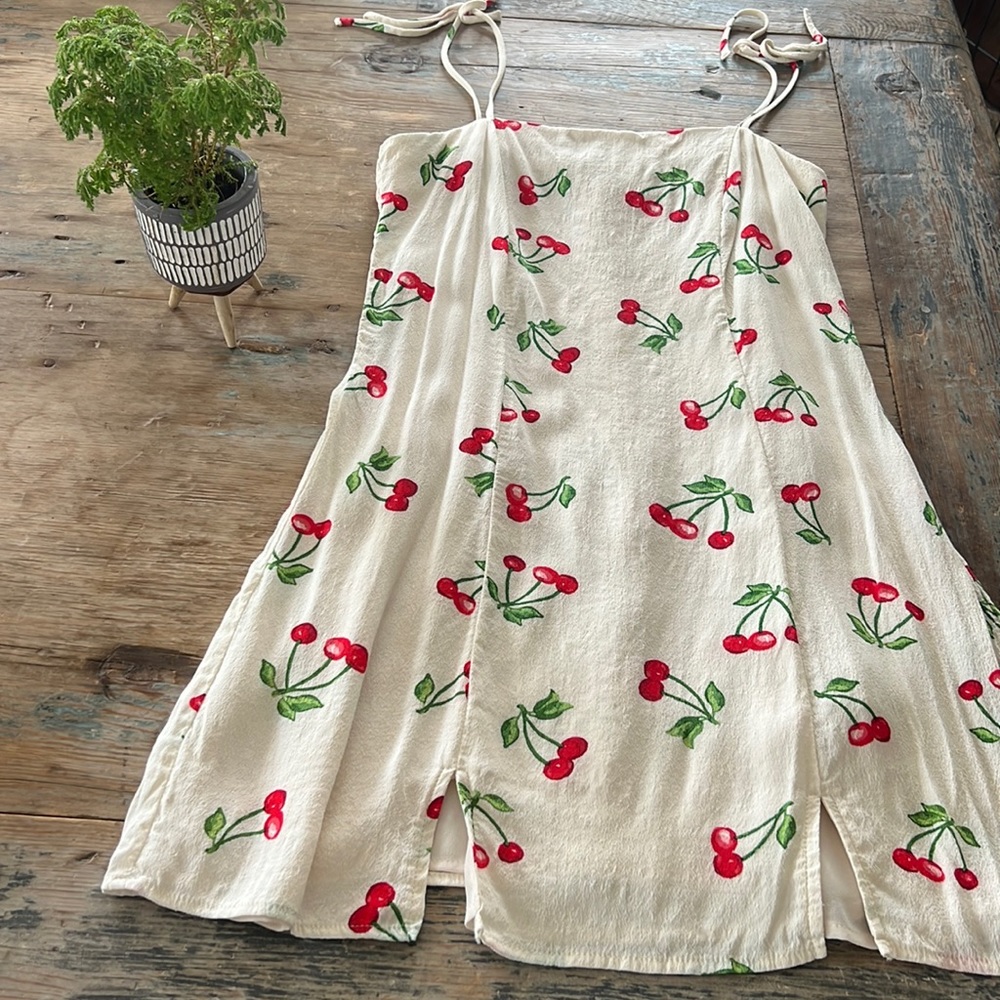 Privacy Please Cream Mini Dress with Red Cherry Motif